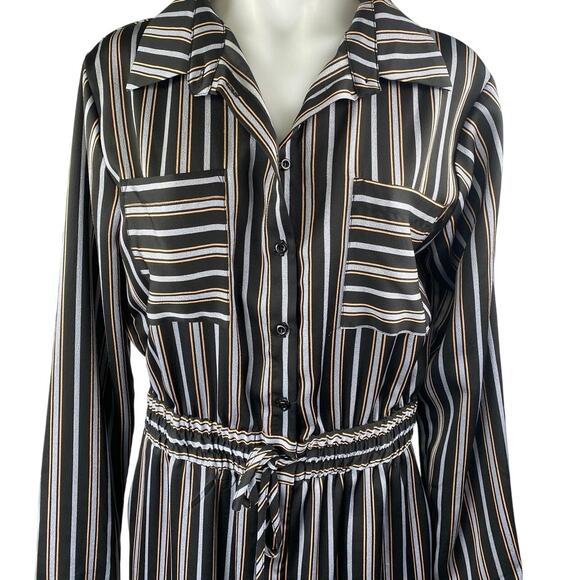 Lulus Black Striped Long Sleeve Drawstring Pockets Button Down Shirt Jumpsuit S - Picture 3 of 4